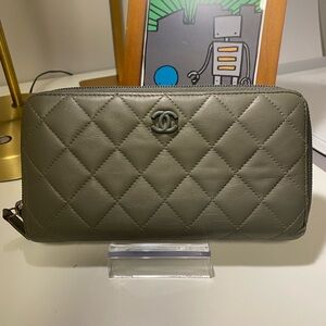 Chanel Grey Lambskin Quilted Long Zip Around Wallet